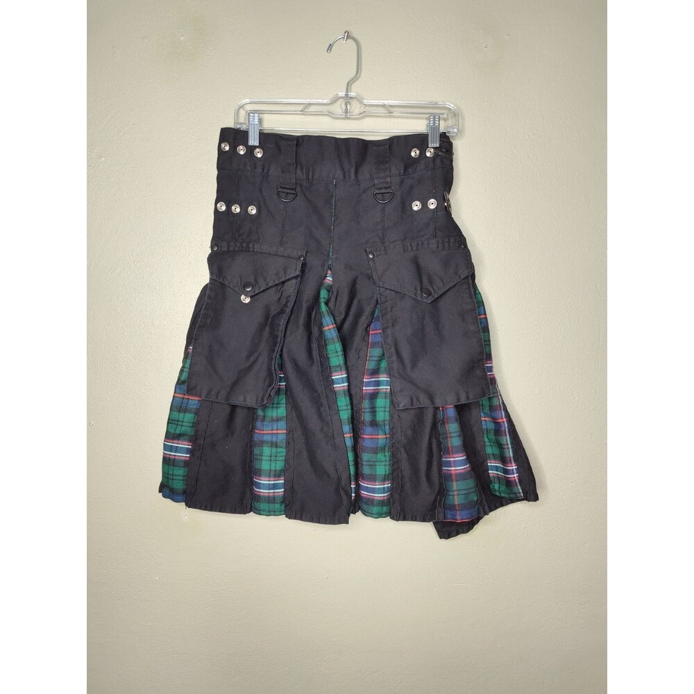 Men's Black Utility Kilt Shorts with Green Plaid Panels